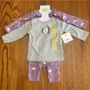 Carter's Baby Girl Gray and Lavender Penguin Pajama 3-Piece Set Size 6 Months